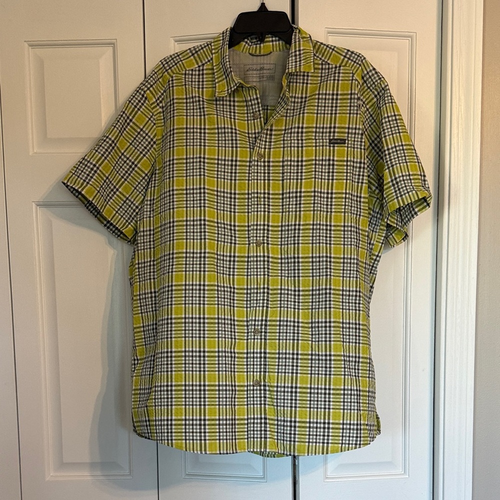 Eddie Bauer Men's Green and Black Plaid Button Down Shirt XL Tall